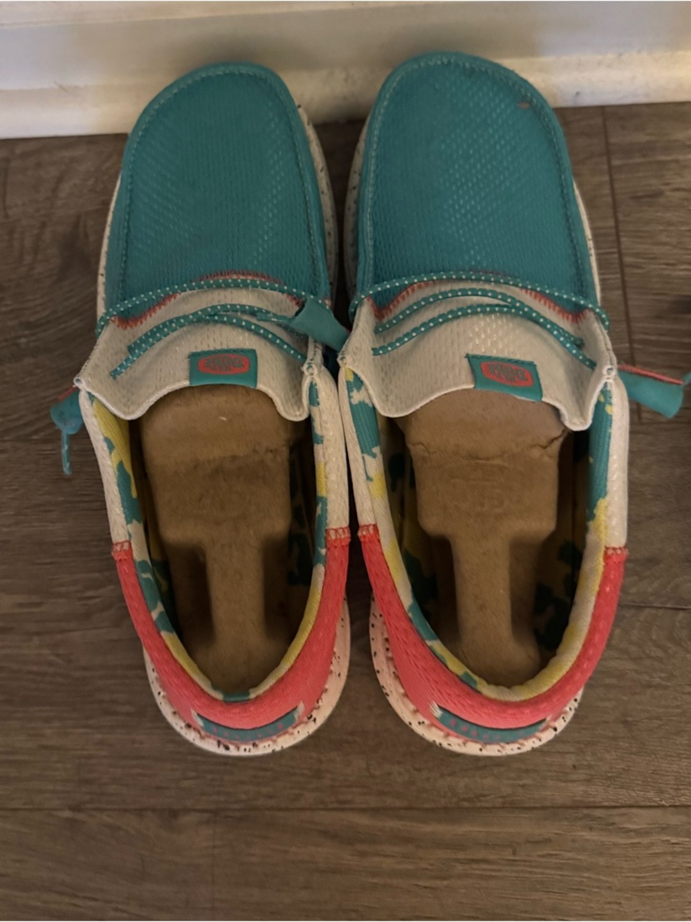 Hey Dude Teal Canvas Slip-Ons with Coral and Yellow Accent Men’s